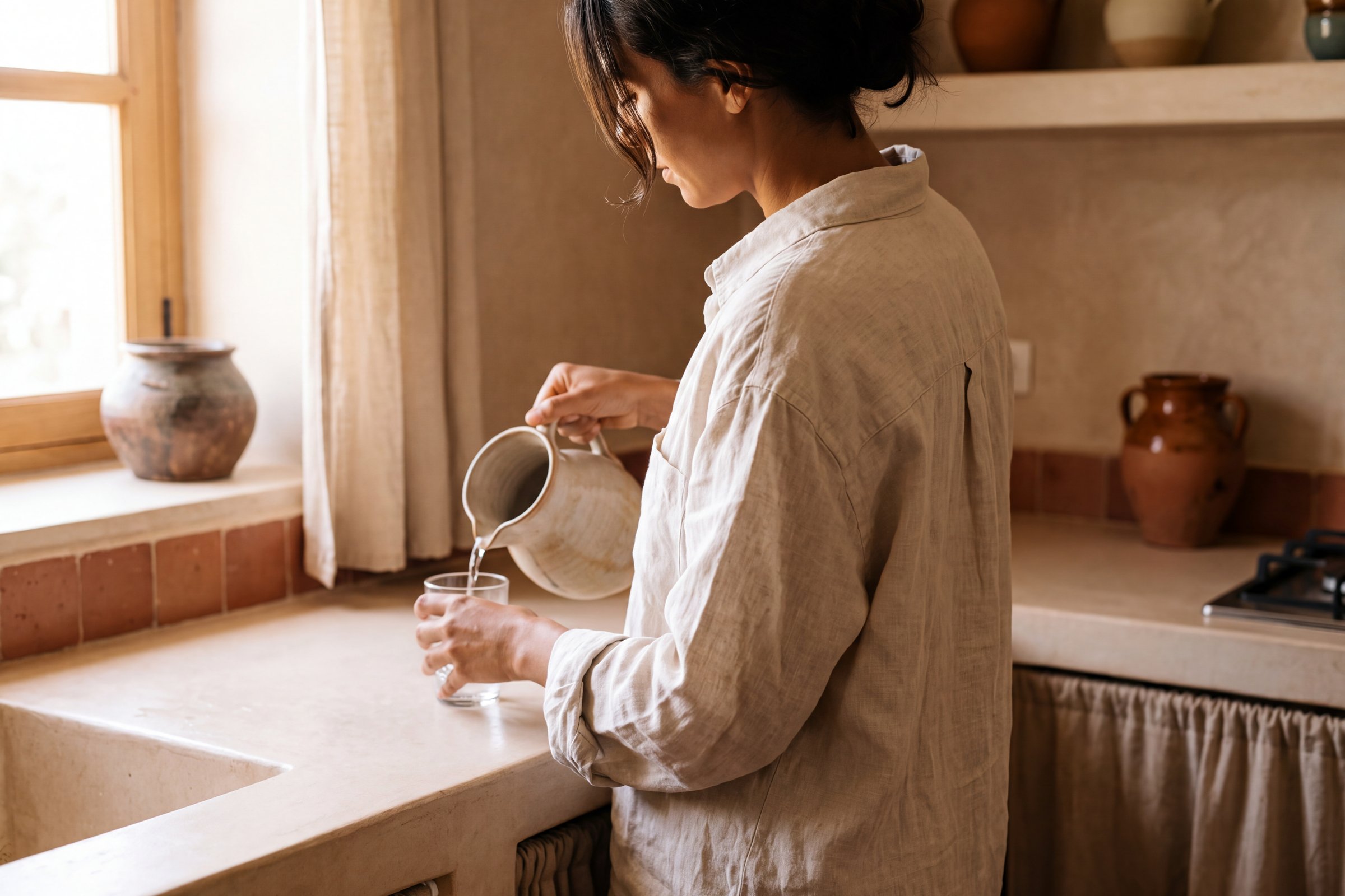 Un verre d’eau versé le matin, intérieur calme