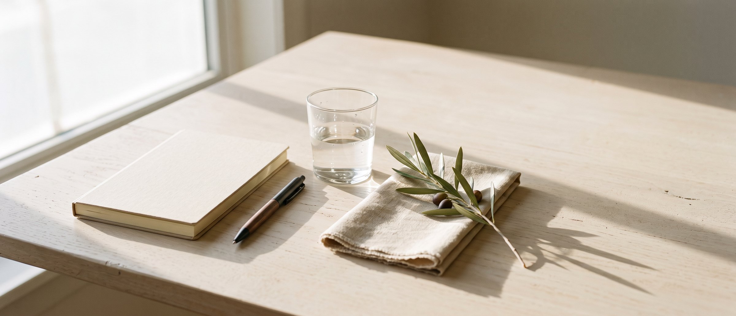 Bureau calme — carnet, stylo et verre d’eau