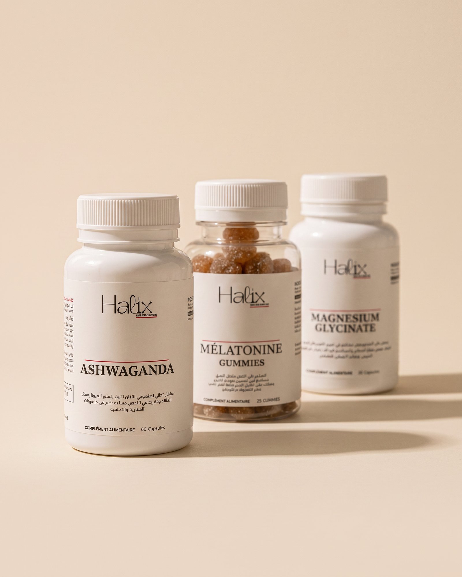 Les trois compléments Halix — Ashwaganda, Mélatonine Gummies et Magnesium Glycinate