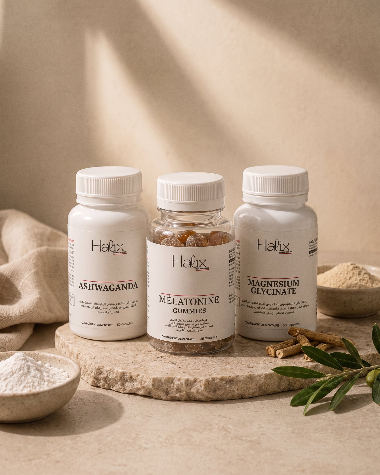 Les trois produits Halix réunis sur une pierre