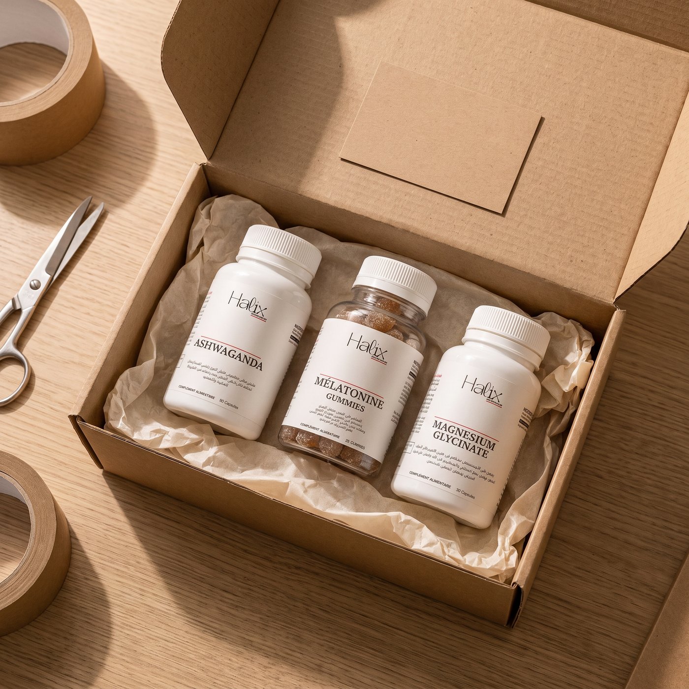 Colis Halix ouvert, les trois produits dans leur emballage